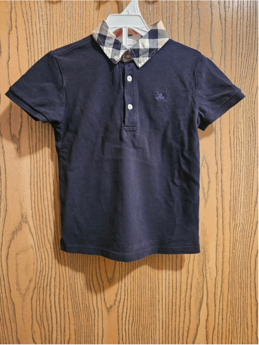 Boys Burberry Polo Shirt Navy Blue with Checkered Collar Size 6